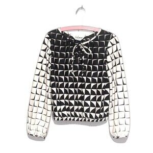 Vintage Judy Bond 70s Black White Crop Qiana Nylon Geo Print Blouse M B42 Disco